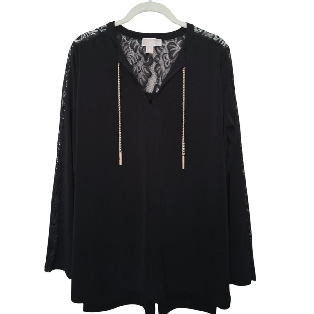 MICHAEL Michael Kors Black Lace-Yoke Blouse with Gold Chain Drawstrings Women's